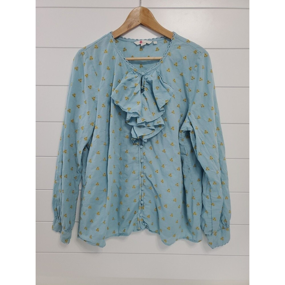 Boden Womens Leah Floral Embroidered Ruffle Blouse Size 16 Feminine Cotton Blue